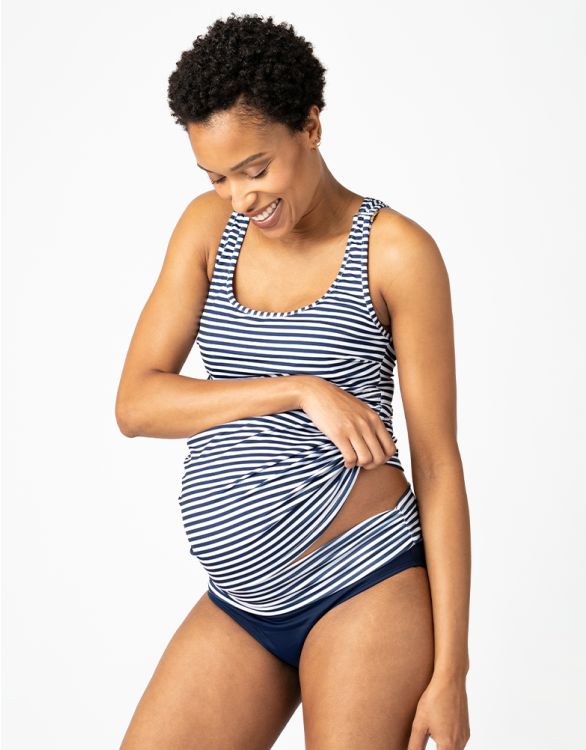 afbeelding voor Nautical Stripe Maternity to Nursing Tankini – Navy & White