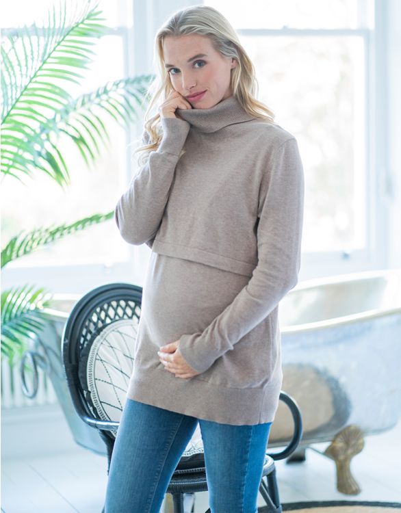 afbeelding voor Oatmealkleurige gebreide katoenen trui voor zwangerschap en borstvoeding