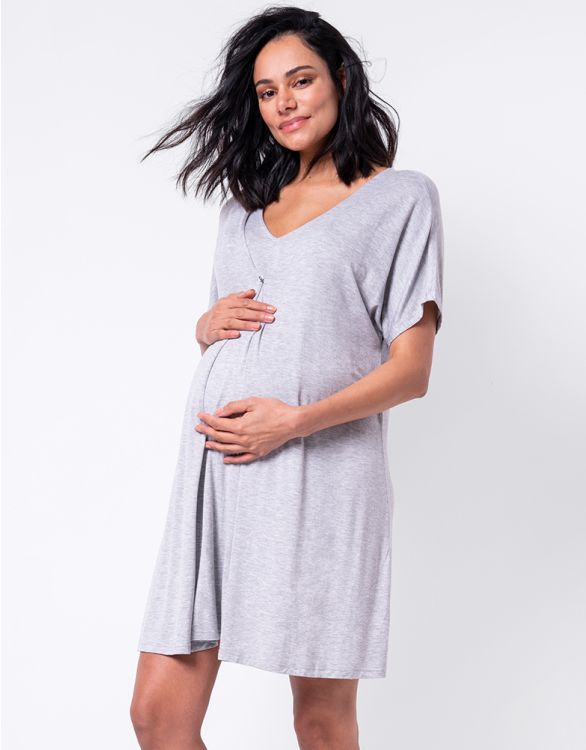 afbeelding voor Grijs gemêleerde zwangerschaps- en voedingsnachthemd