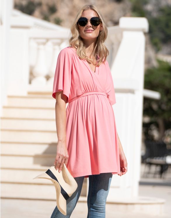 Image pour Pink Wrap Front Maternity to Nursing Tunic Top