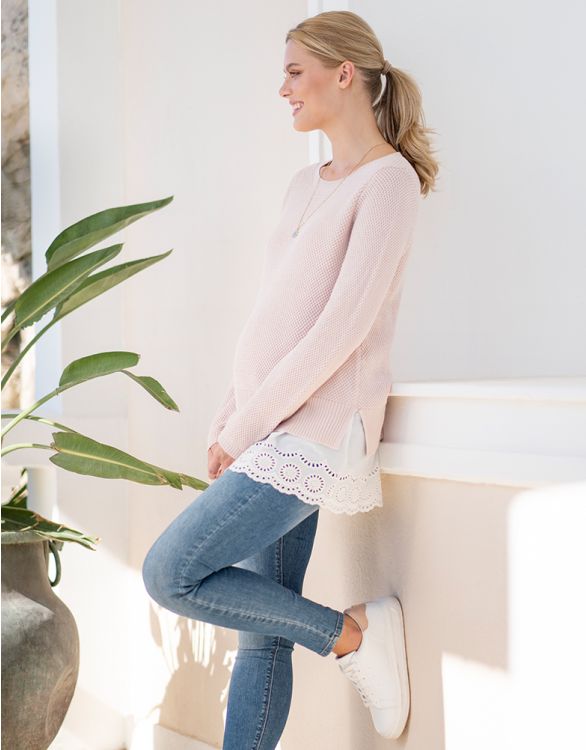 afbeelding voor Roze gelaagde zwangerschaps- tot borstvoeding gebreide trui met kanten hemd
