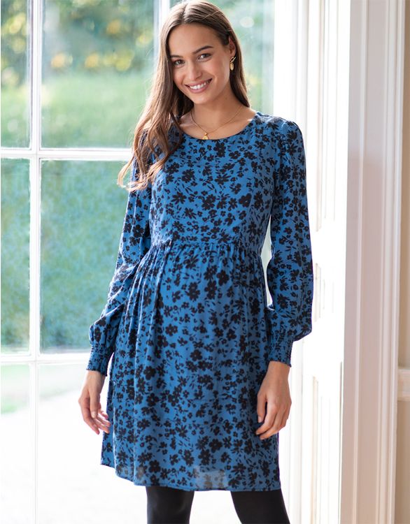 Image for Blue Floral Maternity & Nursing Dress