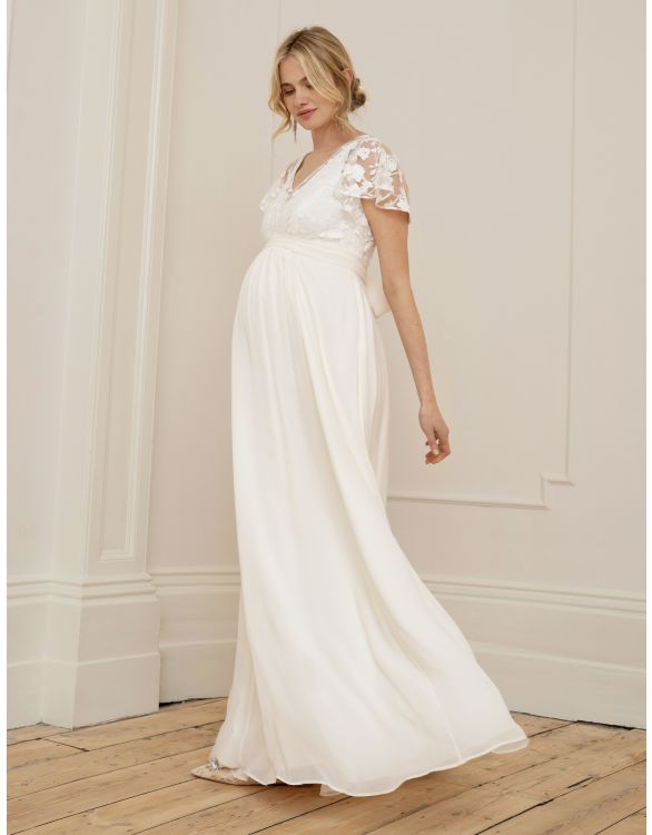 Imagen de Vestido de novia premamá y lactancia largo de gasa de seda y encaje marfil