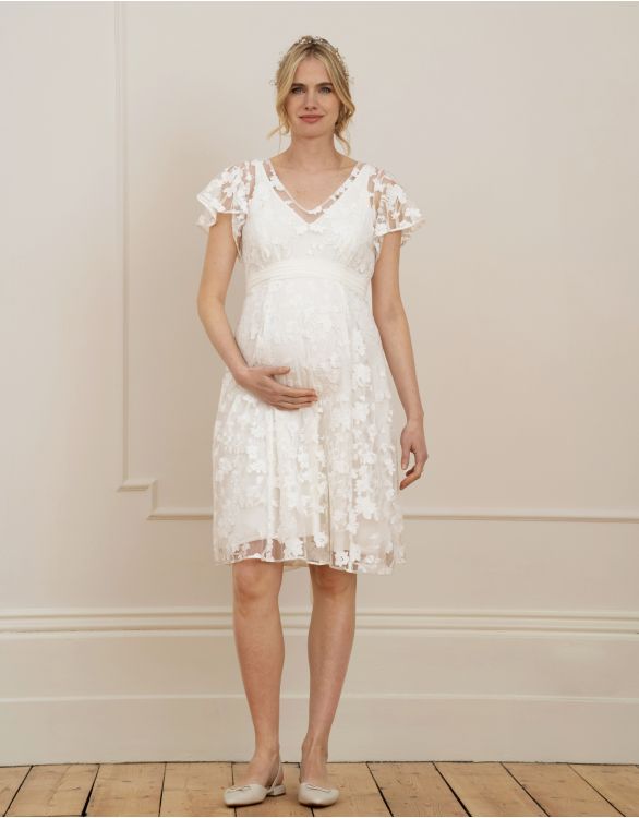 afbeelding voor Zwangerschapsjurk van wit bloemenkant tot borstvoedingsjurk
