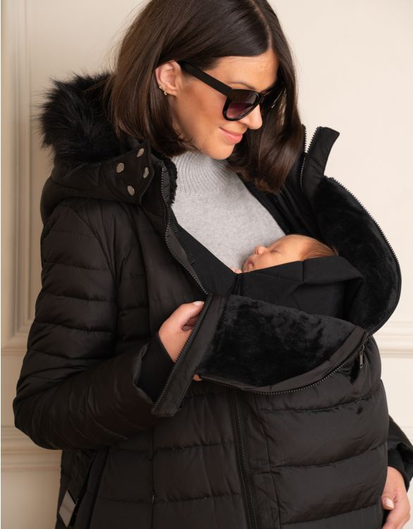Maternity Black Faux Fur Hood Belted Puffer Coat