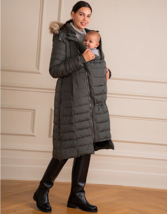 afbeelding voor Kaki lange donzen 3-in-1 jas voor zwangerschap en het dragen van een baby