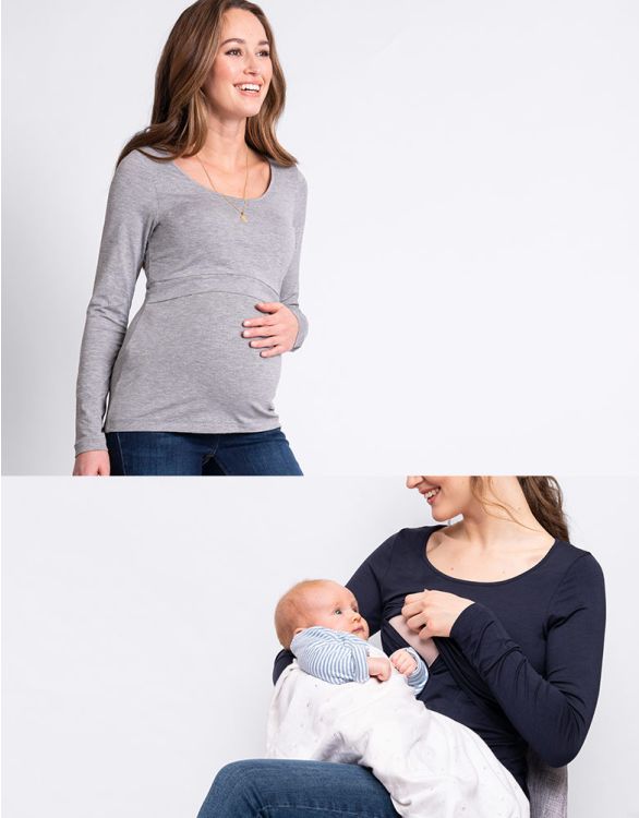 Image pour Lot de 2 t-shirts manches longues grossesse et allaitement – Bleu marine/Gris
