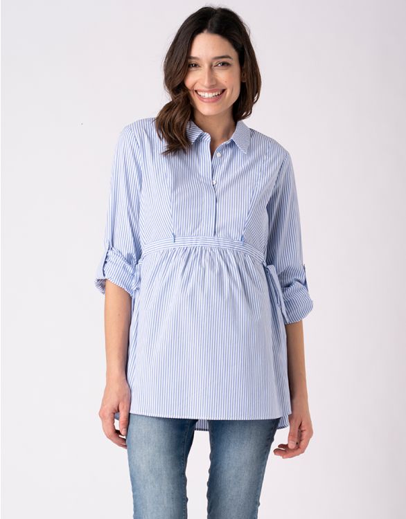Imagen de Camisa premamá a lactancia a rayas azules y blancas con lazo lateral