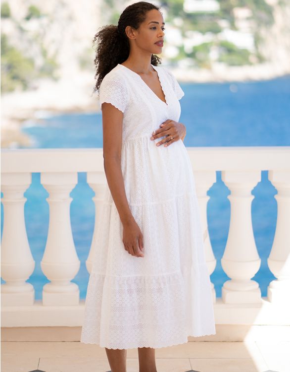 Image for White V Neck Broderie Anglaise Maternity to Nursing Midi Dress