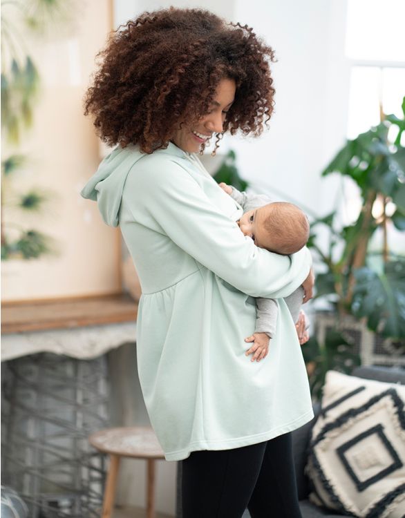 Imagen de sudadera con capucha fruncida de maternidad a lactancia verde menta