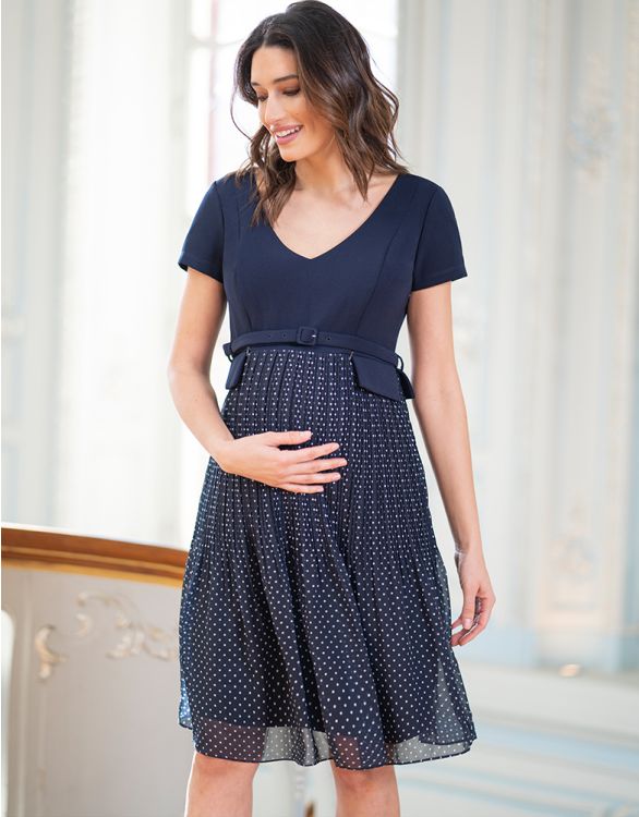Image for Navy Blue Pleat Maternity & Nursing Dress