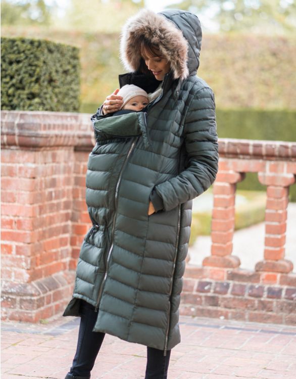 afbeelding voor Kaki lange donzen 3-in-1 jas voor zwangerschap en het dragen van een baby