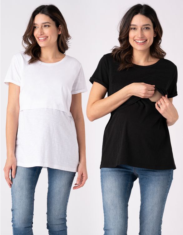 Image pour Lot de deux t-shirts basiques de grossesse à l'allaitement en blanc et noir