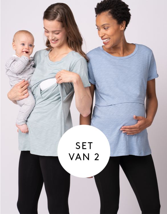 afbeelding voor Set van twee essentiële zwangerschaps- tot borstvoedings-T-shirts in blauw en groen