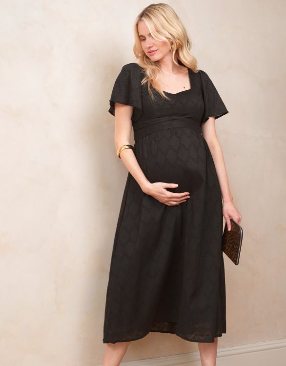 Image pour Robe maternité et allaitement en coton brodée noire