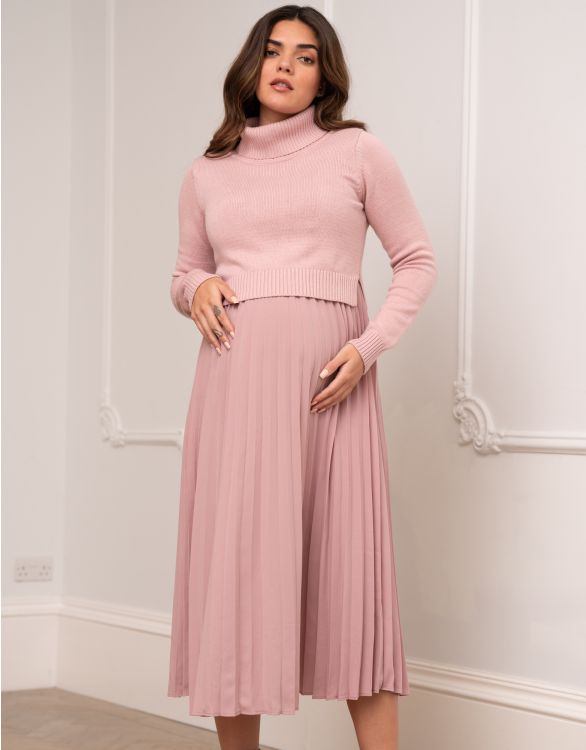 Image for Rose Pink Pleated Maternity & Nursing Dress