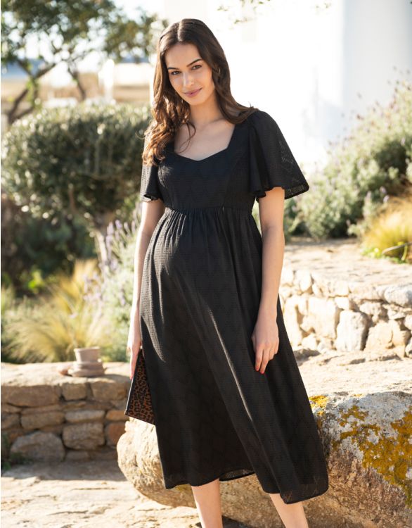 Imagen de Vestido de algodón premamá y de lactancia negro con bordado inglés