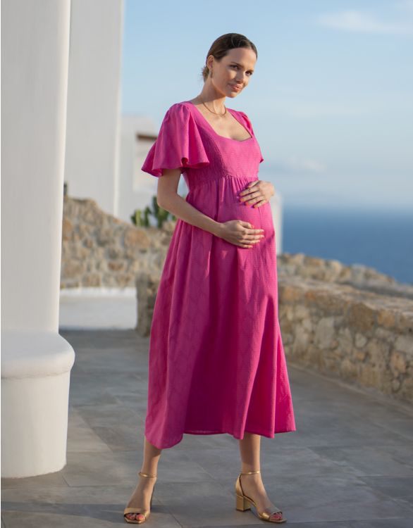 Image pour Robe grossesse et allaitement en coton brodée rose fuchsia