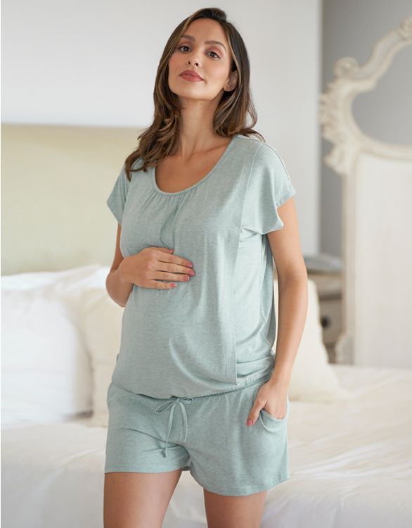 Image pour Ensemble pyjama short maternité et allaitement – Vert sauge