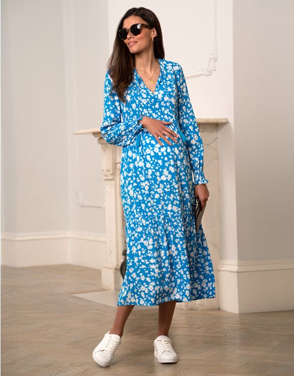 Imagen de Vestido premamá a lactancia a media pierna bohemio floral azul y blanco