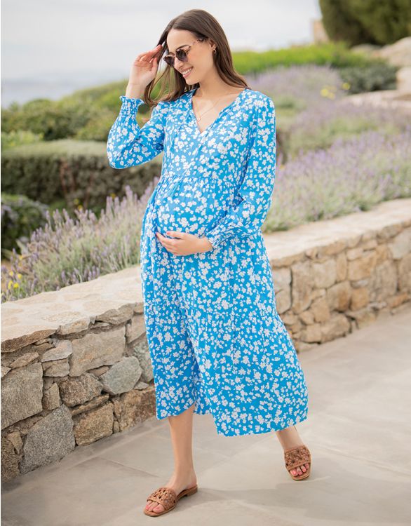 afbeelding voor Blauw-witte bloemen Boho Midi zwangerschaps- tot voedingsjurk