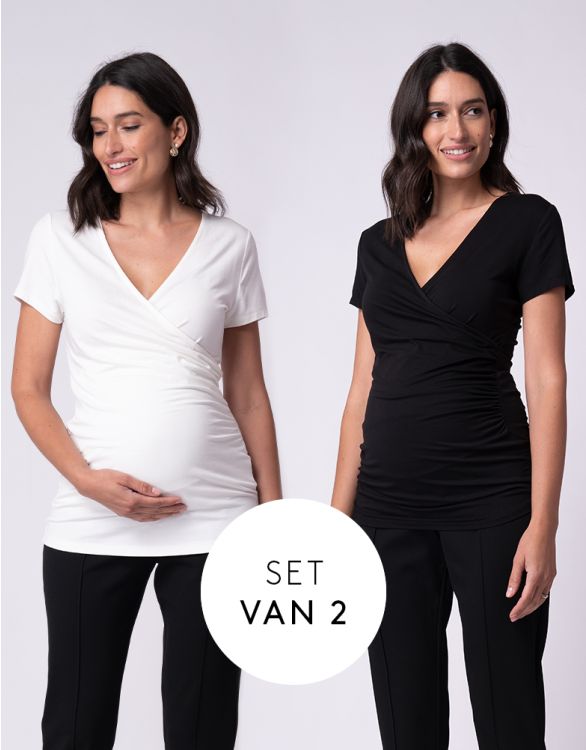 afbeelding voor Mock wrap zwangerschaps- en borstvoedingstopjes - dubbelpak zwart en wit