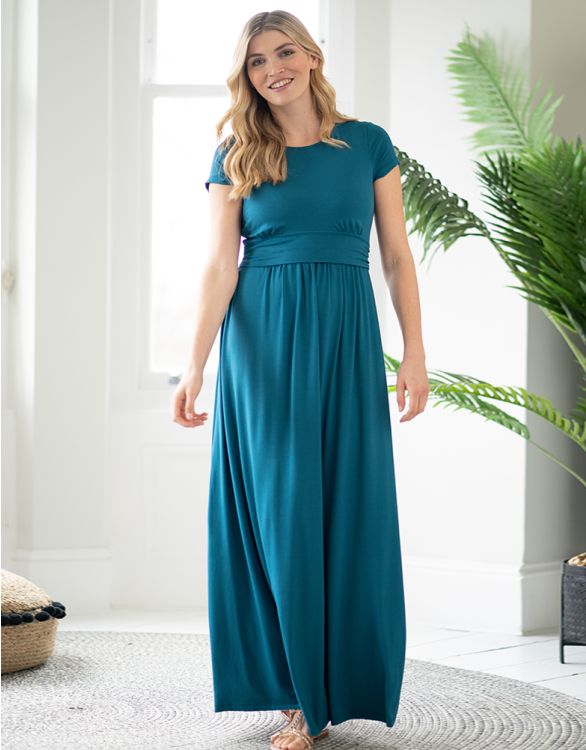 Imagen de Vestido largo de maternidad a lactancia de manga corta verde azulado