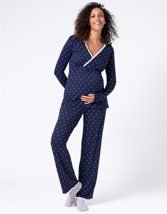 Image pour Pyjama grossesse et allaitement à pois – Bleu marine