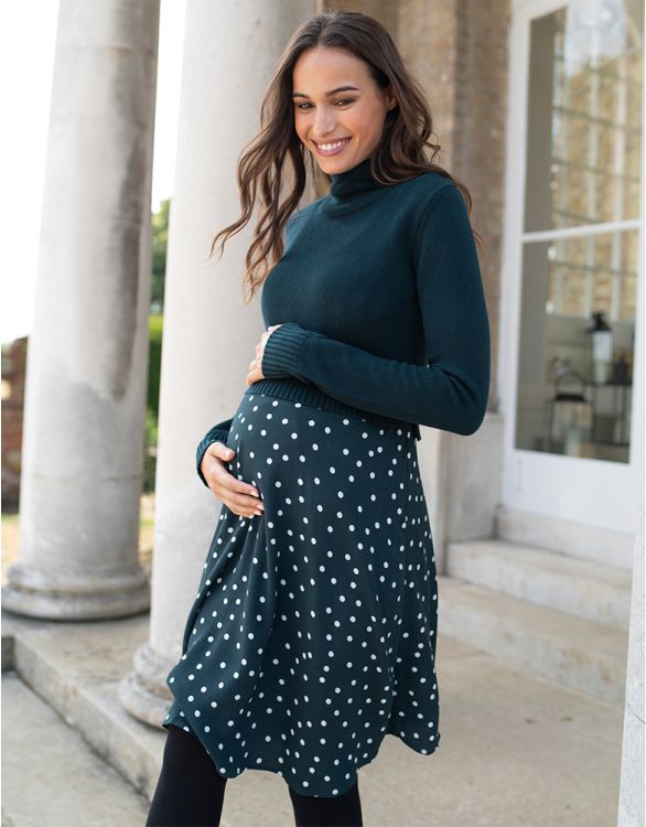Image for 2 in 1 Maternity to Nursing Sweater Dress – Green & White Dot