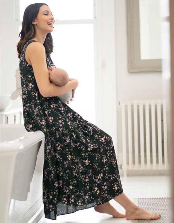 Imagen de Vestido midi de maternidad a lactancia sin mangas con estampado de flores