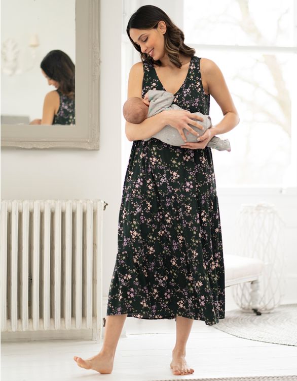 Blue & White Boho Midi Maternity & Nursing Dress