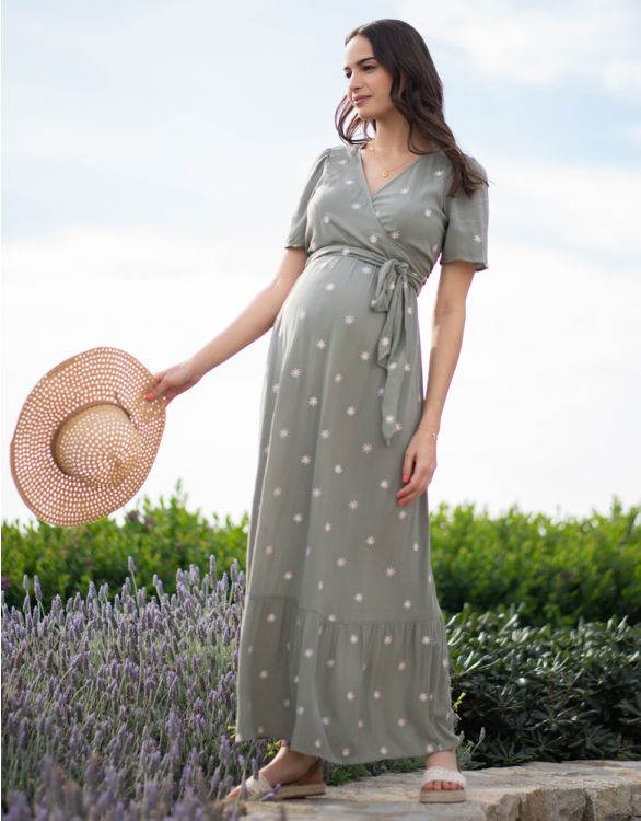 Image for Khaki Woven Maternity & Nursing Maxi Dress