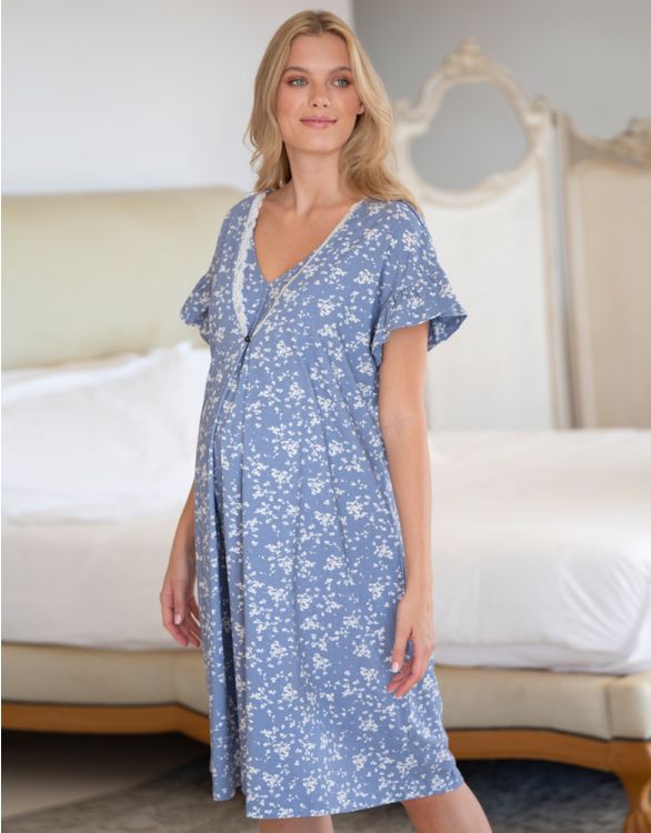 afbeelding voor Blauwe bloemenprint Zwangerschaps- tot borstvoedingsnachthemd