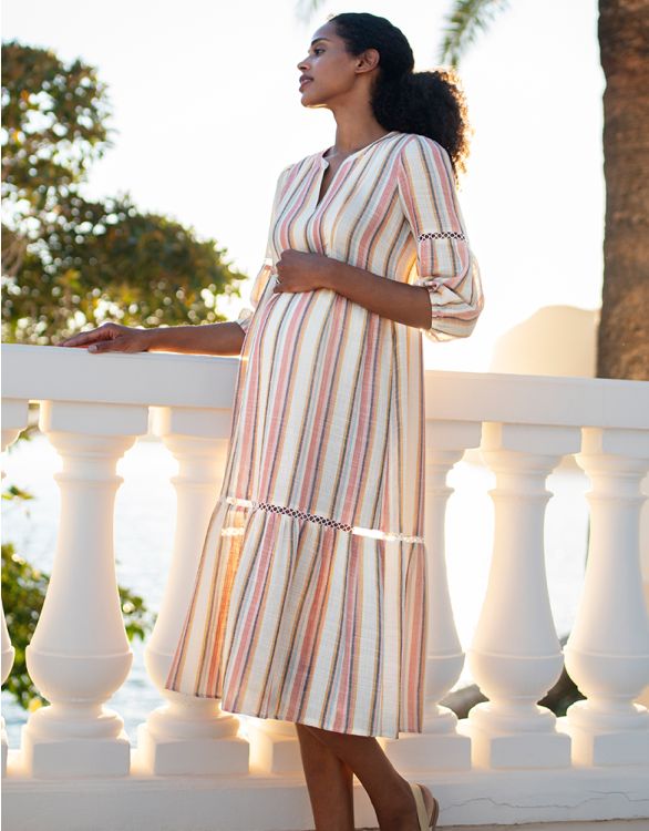 Image for Lace Trim Vintage Stripe Midi Maternity to breastfeeding Dress