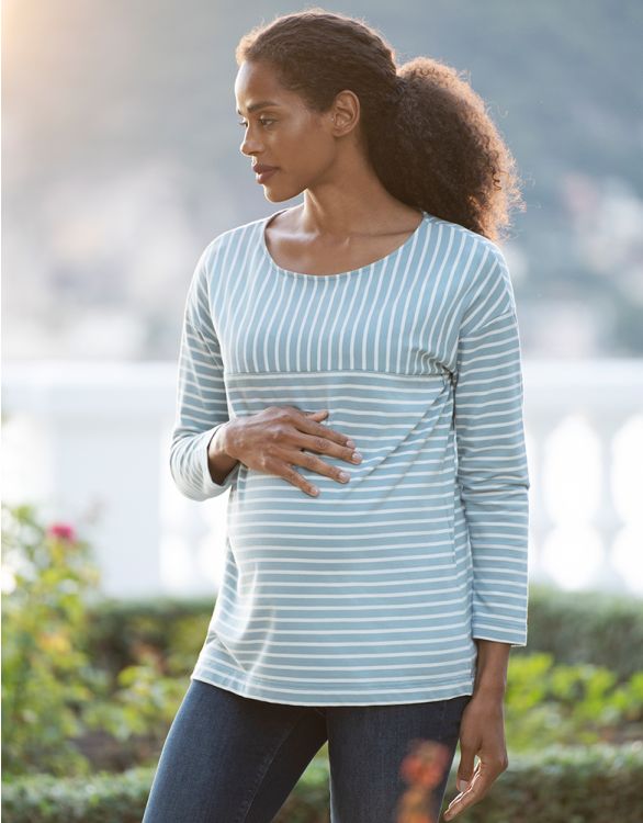 Image for Sage Green & White Contrast Stripe Long Sleeve Maternity to Nursing Top