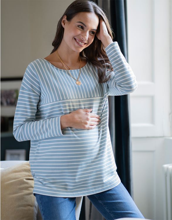 Image for Sage Green & White Contrast Stripe Long Sleeve Maternity to breastfeeding Top