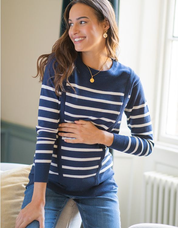 Image for Cotton Blend Blue Stripe Maternity & Nursing Sweater