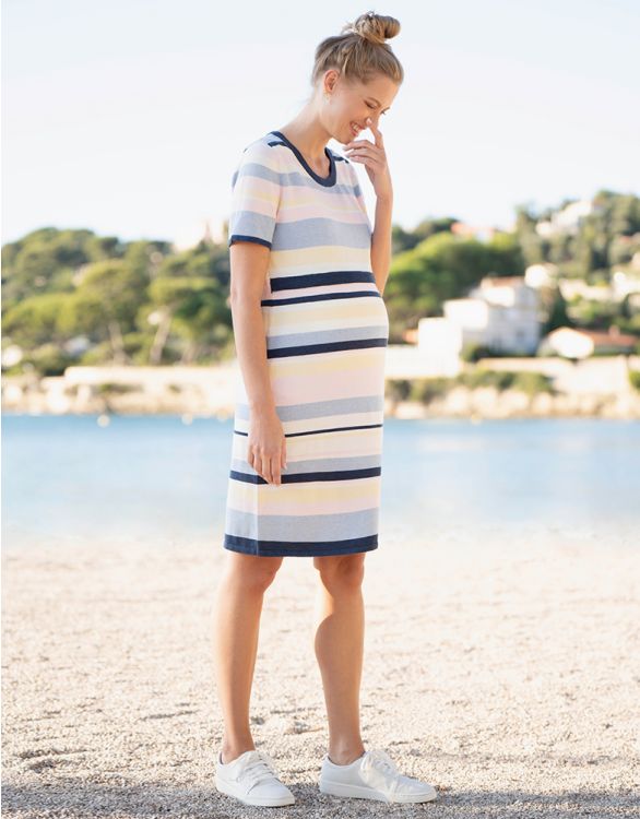 Image for Pastel Stripe Cotton Knitted Maternity & Nursing Dress