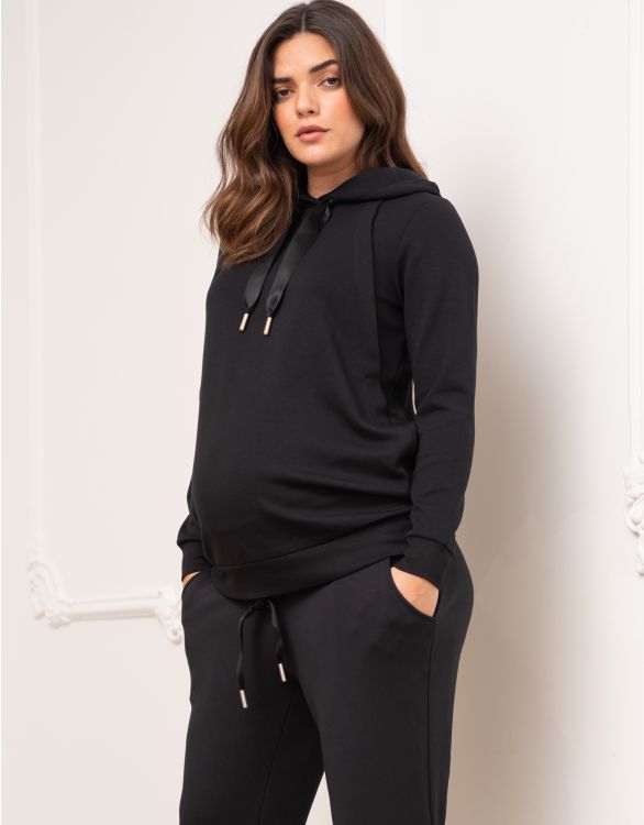 afbeelding voor Zwarte hoodie van modalmix voor zwangerschap en borstvoeding