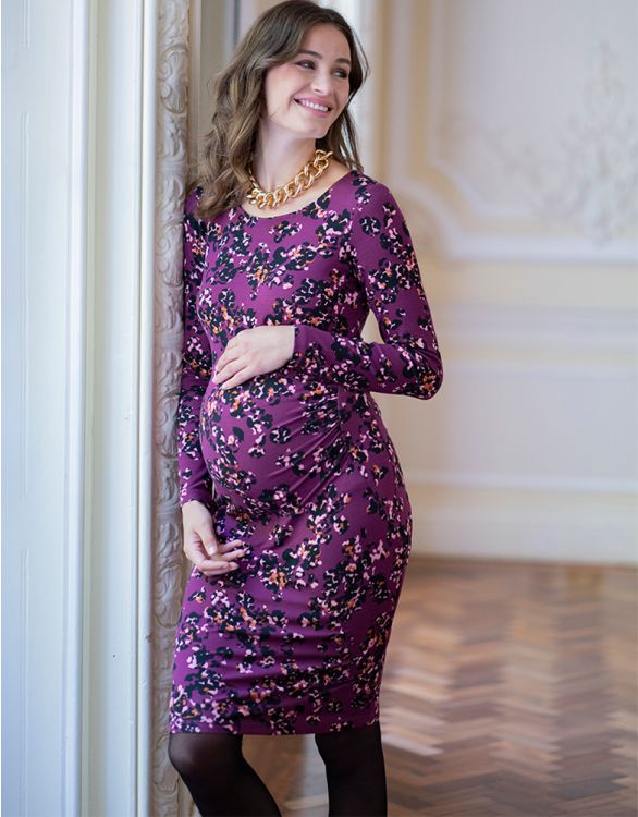 afbeelding voor Paarse zwangerschapsjurk in bodycon-stijl van tricot met print