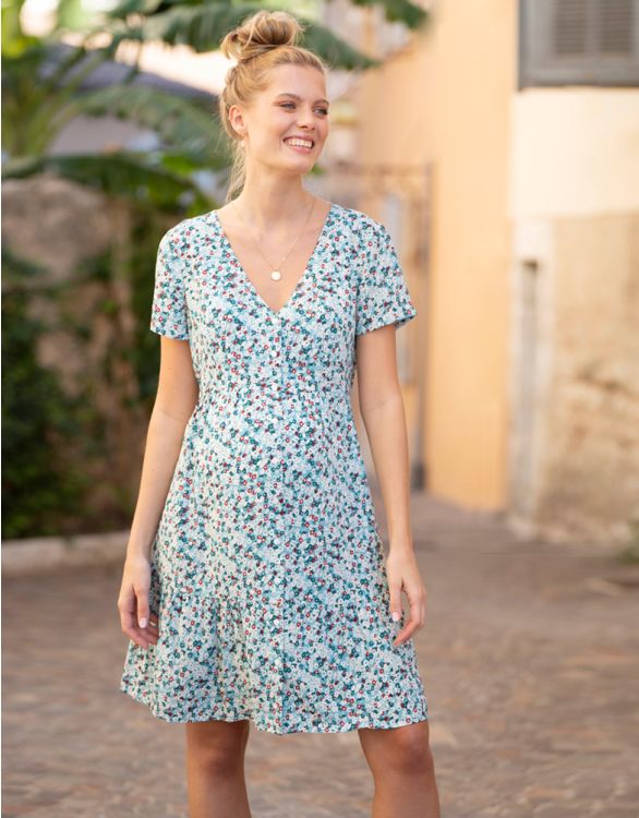 Image for Turquoise Ditsy Floral Print Maternity to Nursing Tea Dress