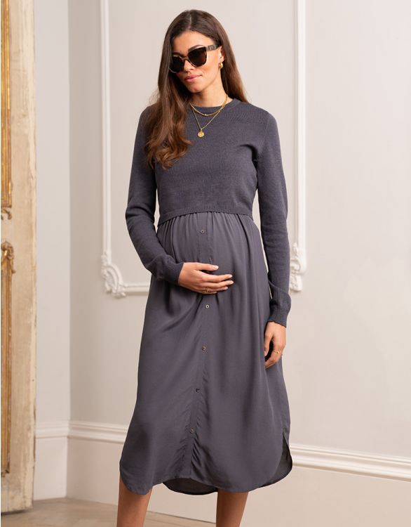 Baby Blue Cotton Blend Maternity & Nursing Sweater Dress