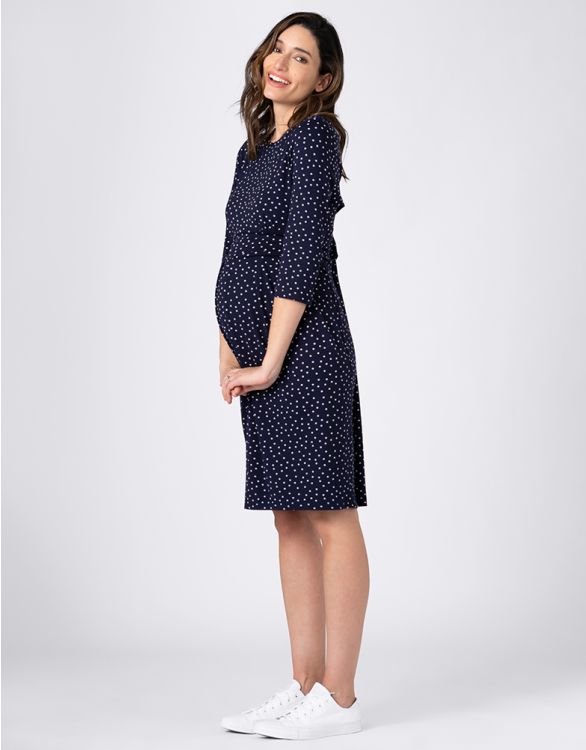 Image for Navy & White Polka Dot 3/4 Length Sleeve Maternity & breastfeeding Dress