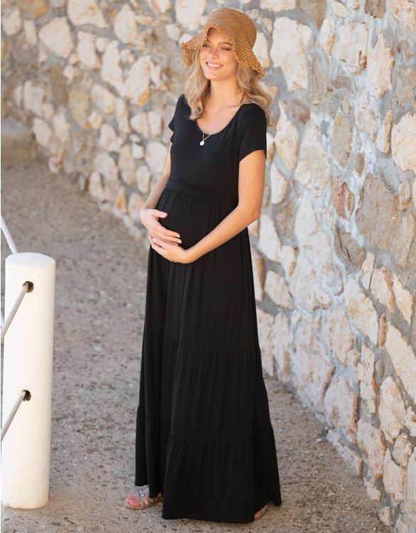 afbeelding voor Zwangerschaps- tot voedingsmaxi-jurk van zwarte jersey