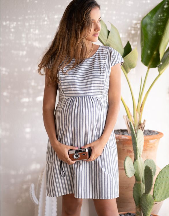 Image pour Robe grossesse et allaitement à rayures - Bleu/Blanc