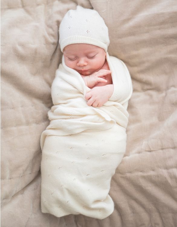 Mini couverture bébé tricotée en coton et cachemire - Blanc ivoire