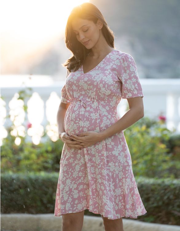 Image for Pink Floral Drawstring Fit & Flare Maternity to Nursing Dress