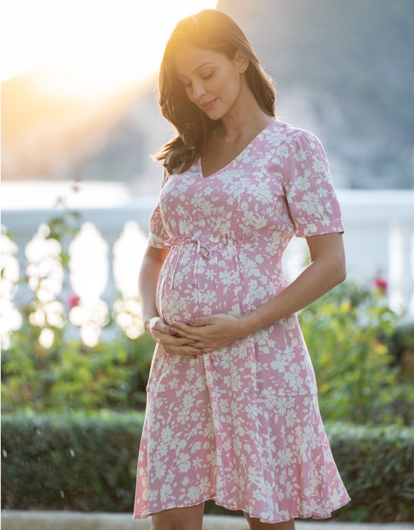 afbeelding voor Fit & Flare zwangerschaps- tot voedingsjurk met roze bloemenkoord