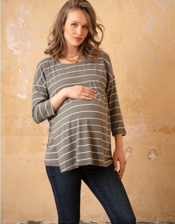 Image for Khaki Stripe Maternity & Nursing Top