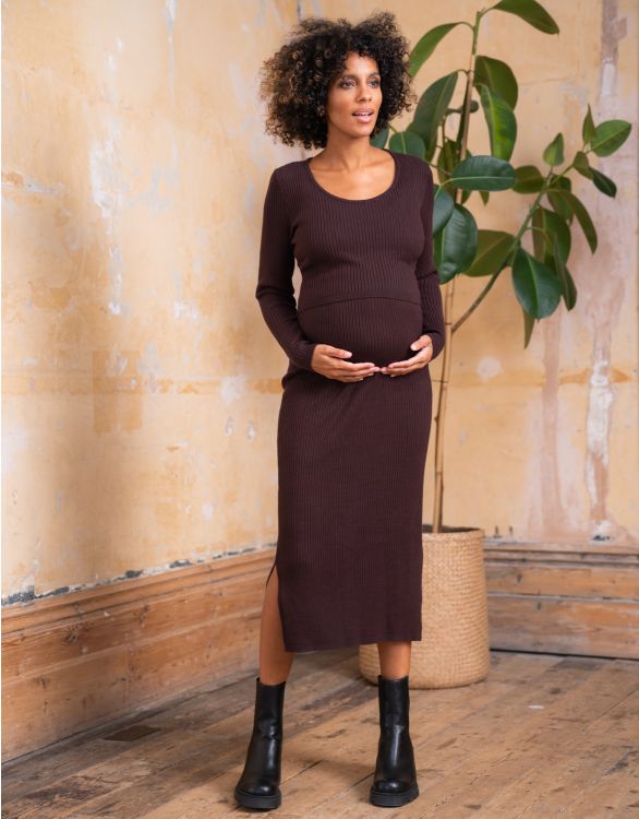 afbeelding voor Bruine jurk van ribstof voor zwangerschap en borstvoeding